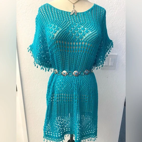 Teal Crochet Swim Cover-Up Size Medium - Picture 6 of 9